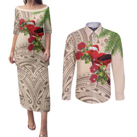 Christmas Hawaii with I'iwi Bird Couples Matching Puletasi and Long Sleeve Button Shirt Aloha Mele Kalikimaka - Beige Art LT9 Beige - Polynesian Pride