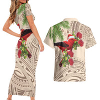 Christmas Hawaii with I'iwi Bird Couples Matching Short Sleeve Bodycon Dress and Hawaiian Shirt Aloha Mele Kalikimaka - Beige Art LT9 - Polynesian Pride