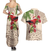 Christmas Hawaii with I'iwi Bird Couples Matching Summer Maxi Dress and Hawaiian Shirt Aloha Mele Kalikimaka - Beige Art LT9 - Polynesian Pride