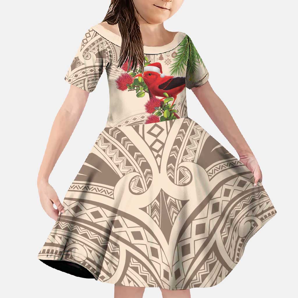 Christmas Hawaii with I'iwi Bird Family Matching Mermaid Dress and Hawaiian Shirt Aloha Mele Kalikimaka - Beige Art LT9 Daughter's Dress Beige - Polynesian Pride