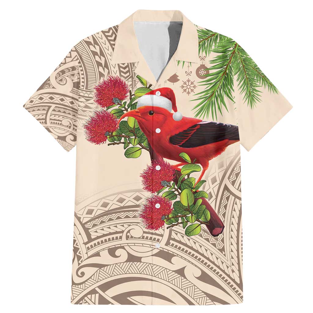 Christmas Hawaii with I'iwi Bird Family Matching Mermaid Dress and Hawaiian Shirt Aloha Mele Kalikimaka - Beige Art LT9 Dad's Shirt - Short Sleeve Beige - Polynesian Pride
