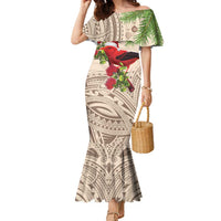 Christmas Hawaii with I'iwi Bird Family Matching Mermaid Dress and Hawaiian Shirt Aloha Mele Kalikimaka - Beige Art LT9 Mom's Dress Beige - Polynesian Pride