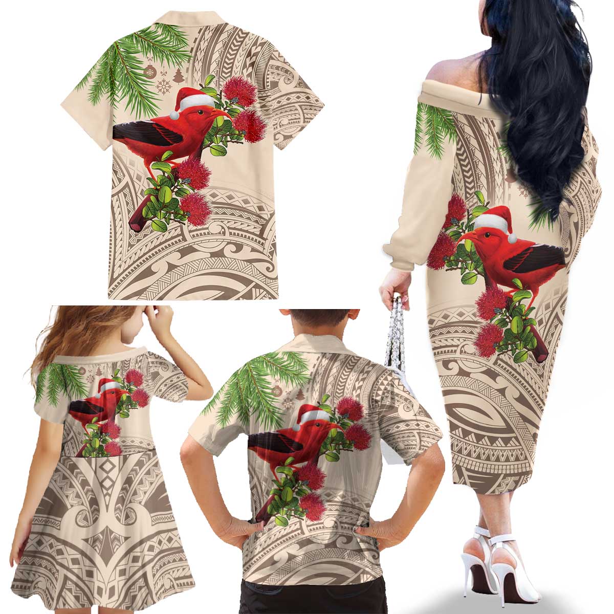 Christmas Hawaii with I'iwi Bird Family Matching Off The Shoulder Long Sleeve Dress and Hawaiian Shirt Aloha Mele Kalikimaka - Beige Art LT9 - Polynesian Pride