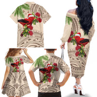Christmas Hawaii with I'iwi Bird Family Matching Off The Shoulder Long Sleeve Dress and Hawaiian Shirt Aloha Mele Kalikimaka - Beige Art LT9 - Polynesian Pride