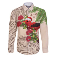 Christmas Hawaii with I'iwi Bird Family Matching Off The Shoulder Long Sleeve Dress and Hawaiian Shirt Aloha Mele Kalikimaka - Beige Art LT9 Dad's Shirt - Long Sleeve Beige - Polynesian Pride