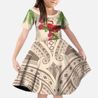 Christmas Hawaii with I'iwi Bird Family Matching Off Shoulder Maxi Dress and Hawaiian Shirt Aloha Mele Kalikimaka - Beige Art LT9 Daughter's Dress Beige - Polynesian Pride