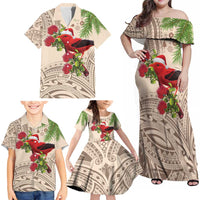 Christmas Hawaii with I'iwi Bird Family Matching Off Shoulder Maxi Dress and Hawaiian Shirt Aloha Mele Kalikimaka - Beige Art LT9 - Polynesian Pride