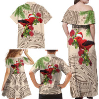 Christmas Hawaii with I'iwi Bird Family Matching Off Shoulder Maxi Dress and Hawaiian Shirt Aloha Mele Kalikimaka - Beige Art LT9 - Polynesian Pride