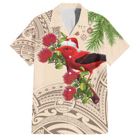 Christmas Hawaii with I'iwi Bird Family Matching Off Shoulder Maxi Dress and Hawaiian Shirt Aloha Mele Kalikimaka - Beige Art LT9 Dad's Shirt - Short Sleeve Beige - Polynesian Pride