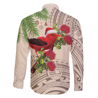 Christmas Hawaii with I'iwi Bird Family Matching Off Shoulder Maxi Dress and Hawaiian Shirt Aloha Mele Kalikimaka - Beige Art LT9 - Polynesian Pride