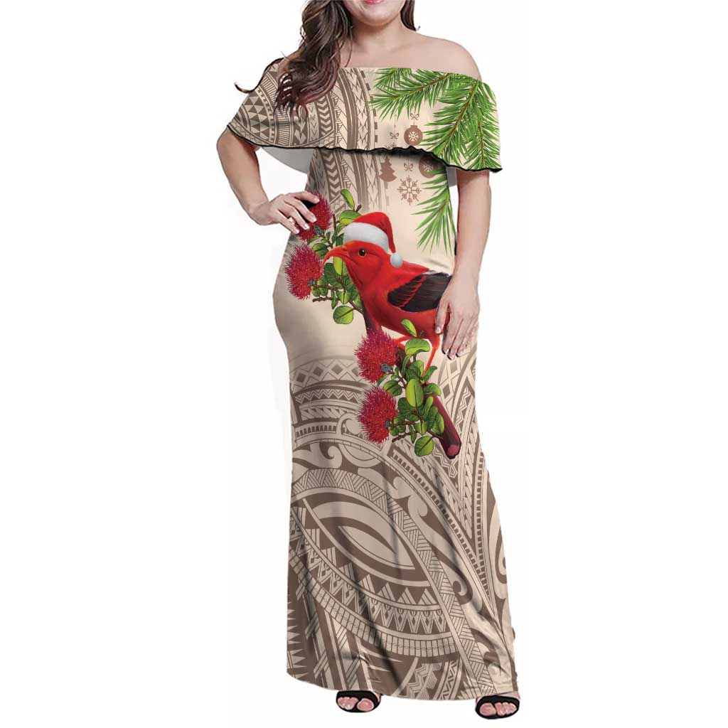 Christmas Hawaii with I'iwi Bird Family Matching Off Shoulder Maxi Dress and Hawaiian Shirt Aloha Mele Kalikimaka - Beige Art LT9 Mom's Dress Beige - Polynesian Pride