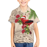 Christmas Hawaii with I'iwi Bird Family Matching Off Shoulder Maxi Dress and Hawaiian Shirt Aloha Mele Kalikimaka - Beige Art LT9 Son's Shirt Beige - Polynesian Pride
