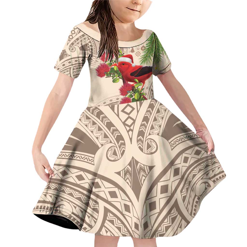 Christmas Hawaii with I'iwi Bird Family Matching Off Shoulder Short Dress and Hawaiian Shirt Aloha Mele Kalikimaka - Beige Art LT9 Daughter's Dress Beige - Polynesian Pride
