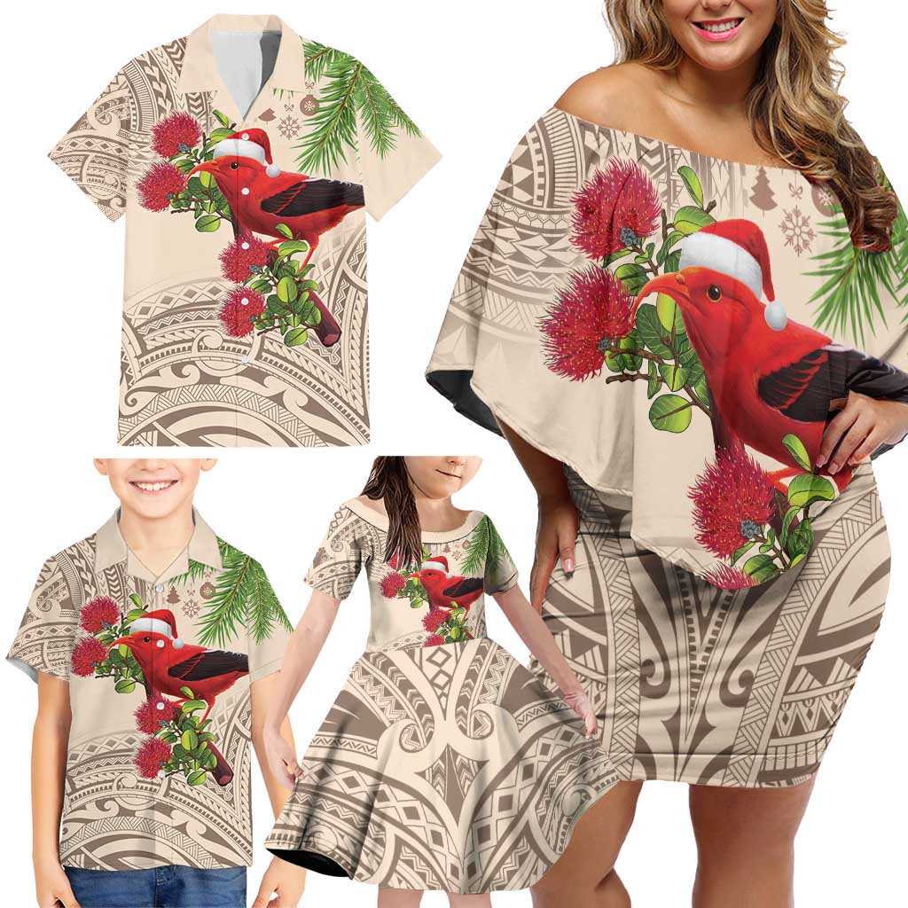 Christmas Hawaii with I'iwi Bird Family Matching Off Shoulder Short Dress and Hawaiian Shirt Aloha Mele Kalikimaka - Beige Art LT9 - Polynesian Pride