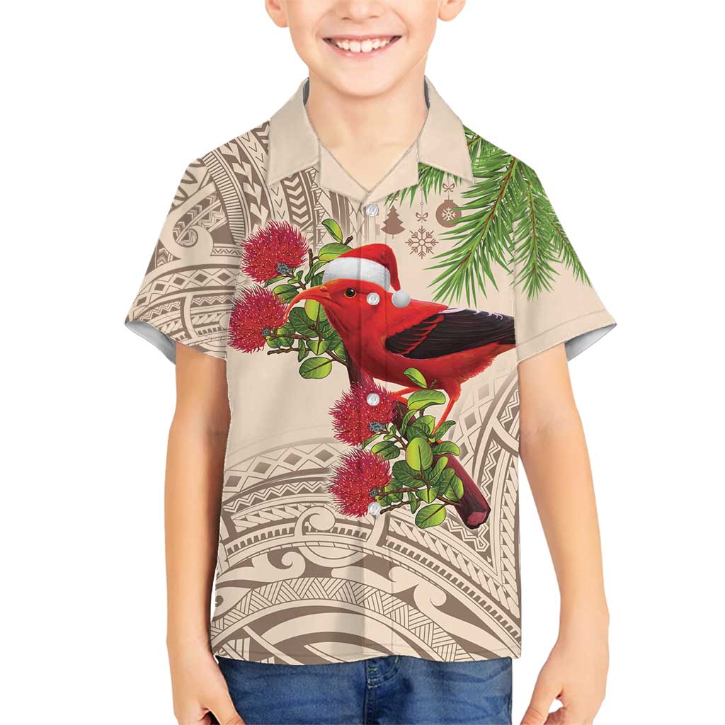 Christmas Hawaii with I'iwi Bird Family Matching Puletasi and Hawaiian Shirt Aloha Mele Kalikimaka - Beige Art LT9 Son's Shirt Beige - Polynesian Pride