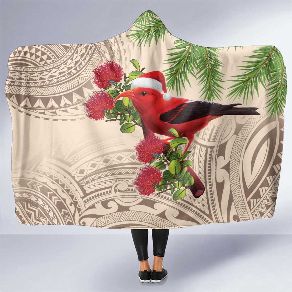 Christmas Hawaii with I'iwi Bird Hooded Blanket Aloha Mele Kalikimaka - Beige Art LT9 One Size Beige - Polynesian Pride