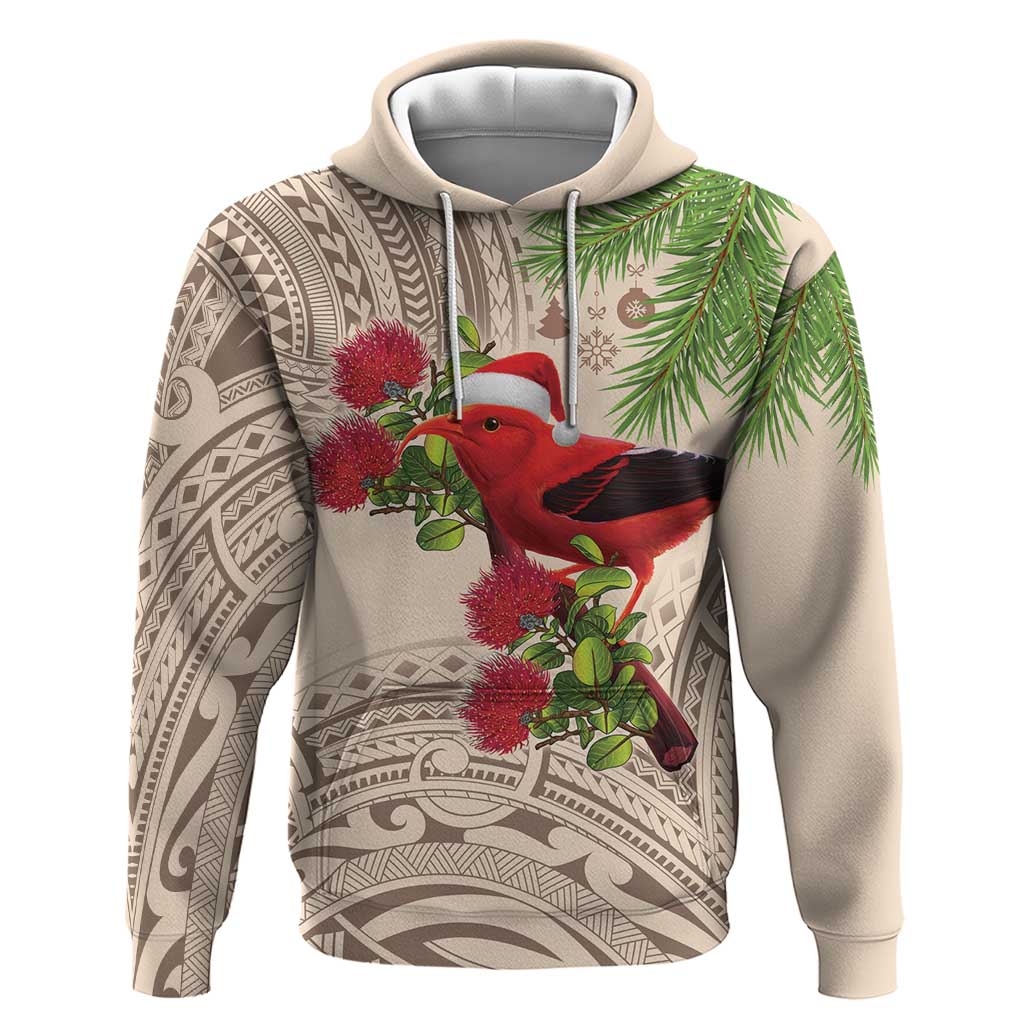 Christmas Hawaii with I'iwi Bird Hoodie Aloha Mele Kalikimaka - Beige Art LT9 Pullover Hoodie Beige - Polynesian Pride