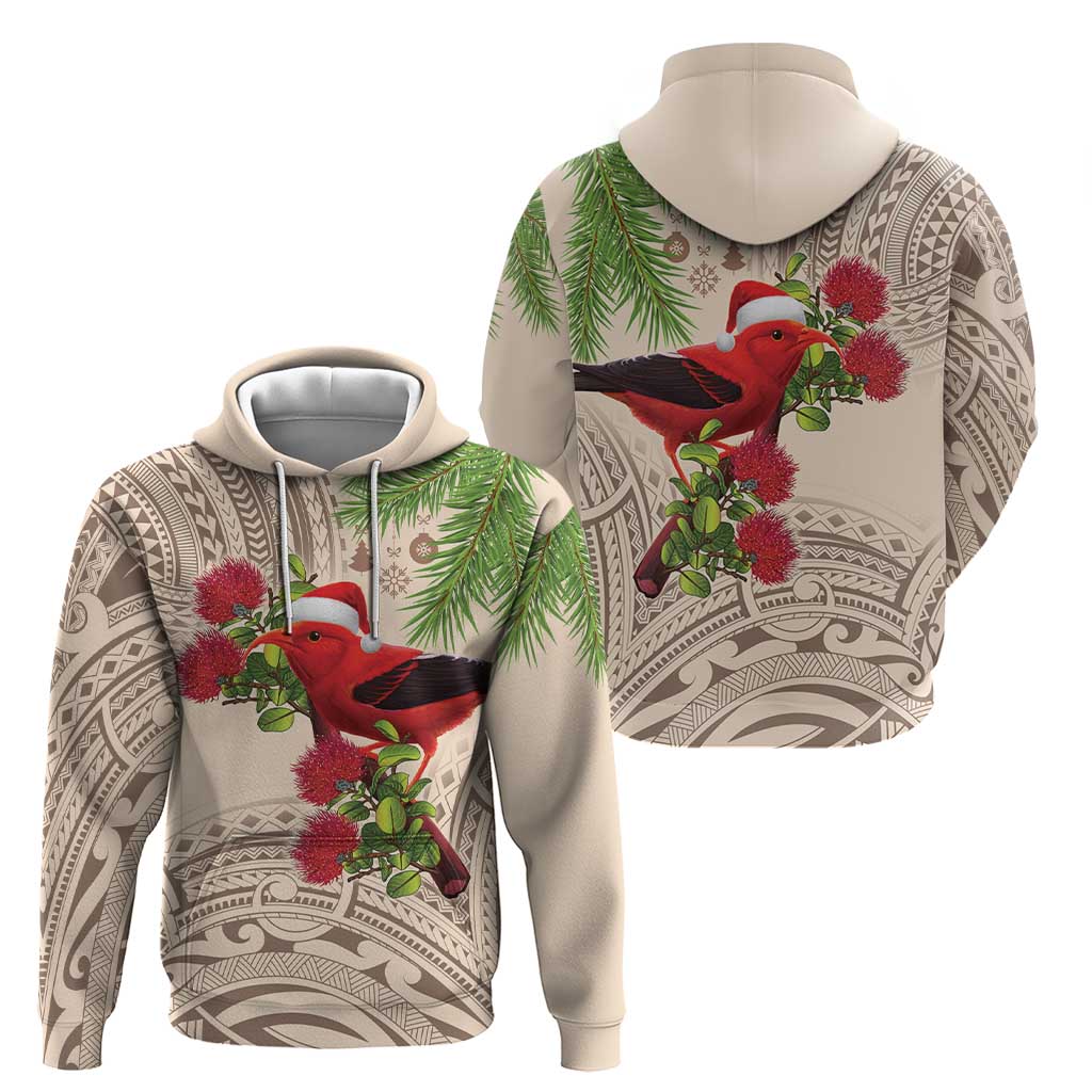 Christmas Hawaii with I'iwi Bird Hoodie Aloha Mele Kalikimaka - Beige Art LT9 - Polynesian Pride