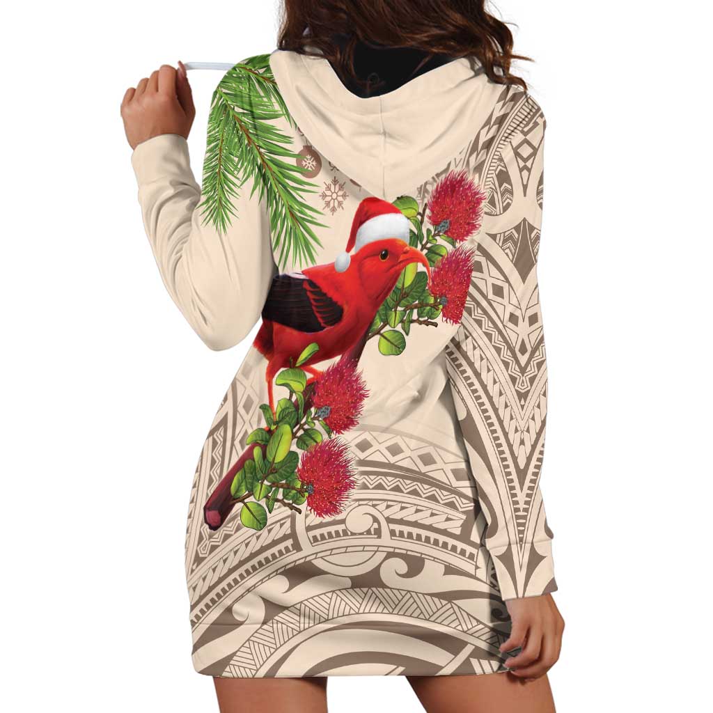 Christmas Hawaii with I'iwi Bird Hoodie Dress Aloha Mele Kalikimaka - Beige Art LT9 - Polynesian Pride