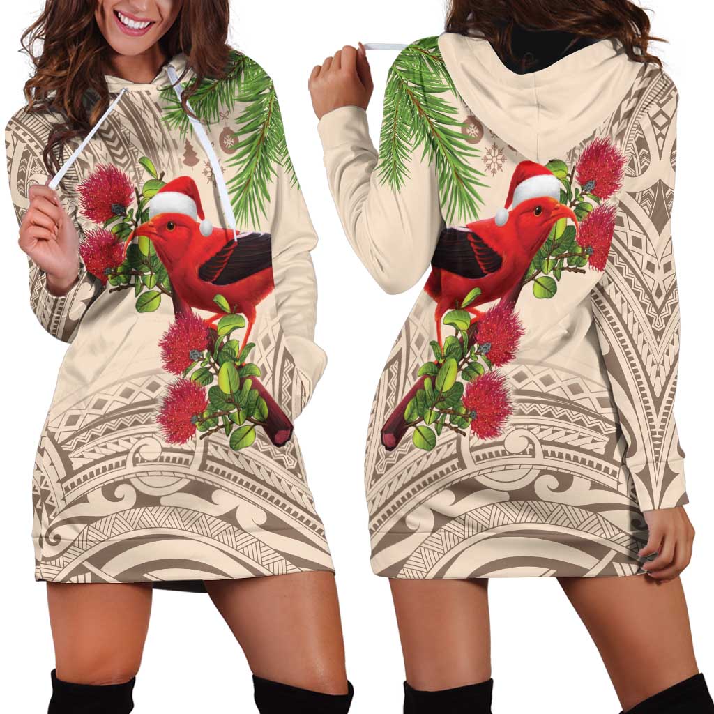 Christmas Hawaii with I'iwi Bird Hoodie Dress Aloha Mele Kalikimaka - Beige Art LT9 - Polynesian Pride