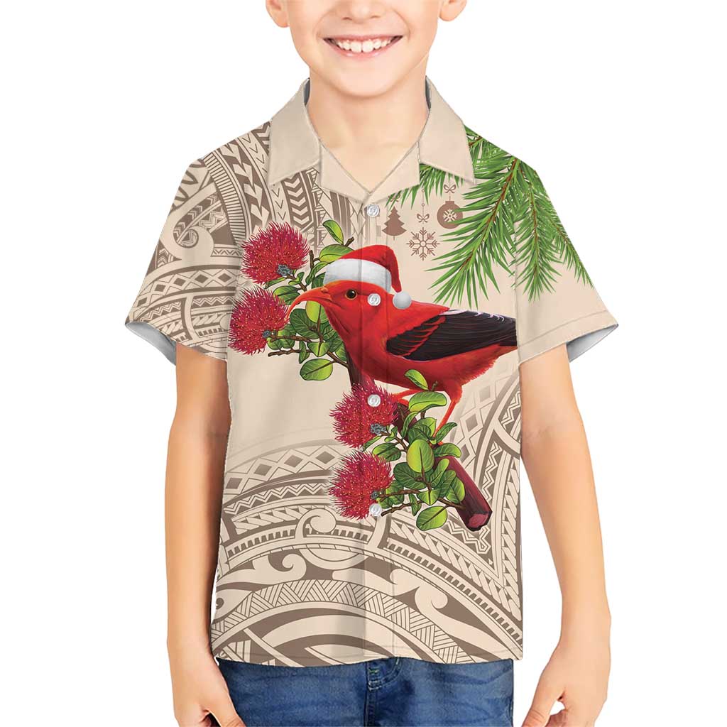Christmas Hawaii with I'iwi Bird Kid Hawaiian Shirt Aloha Mele Kalikimaka - Beige Art LT9 Kid Beige - Polynesian Pride