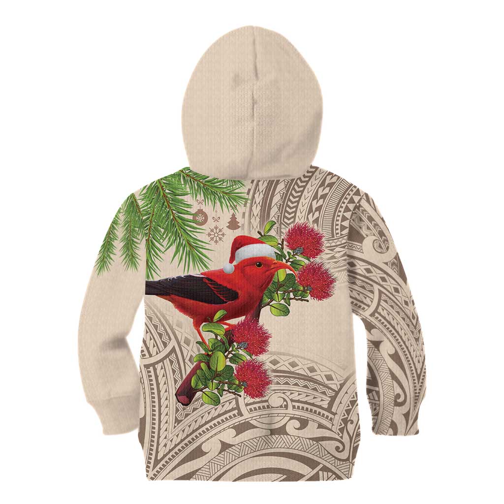 Christmas Hawaii with I'iwi Bird Kid Hoodie Aloha Mele Kalikimaka - Beige Art LT9 - Polynesian Pride
