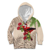 Christmas Hawaii with I'iwi Bird Kid Hoodie Aloha Mele Kalikimaka - Beige Art LT9 Zip Hoodie Beige - Polynesian Pride