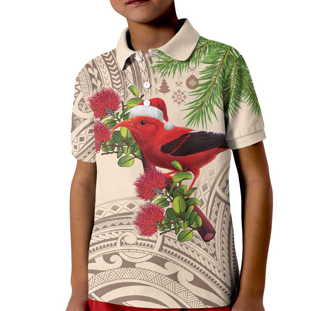 Christmas Hawaii with I'iwi Bird Kid Polo Shirt Aloha Mele Kalikimaka - Beige Art LT9 Kid Beige - Polynesian Pride