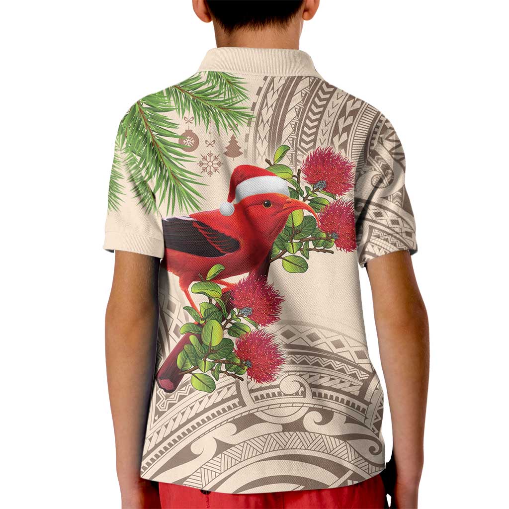 Christmas Hawaii with I'iwi Bird Kid Polo Shirt Aloha Mele Kalikimaka - Beige Art LT9 - Polynesian Pride