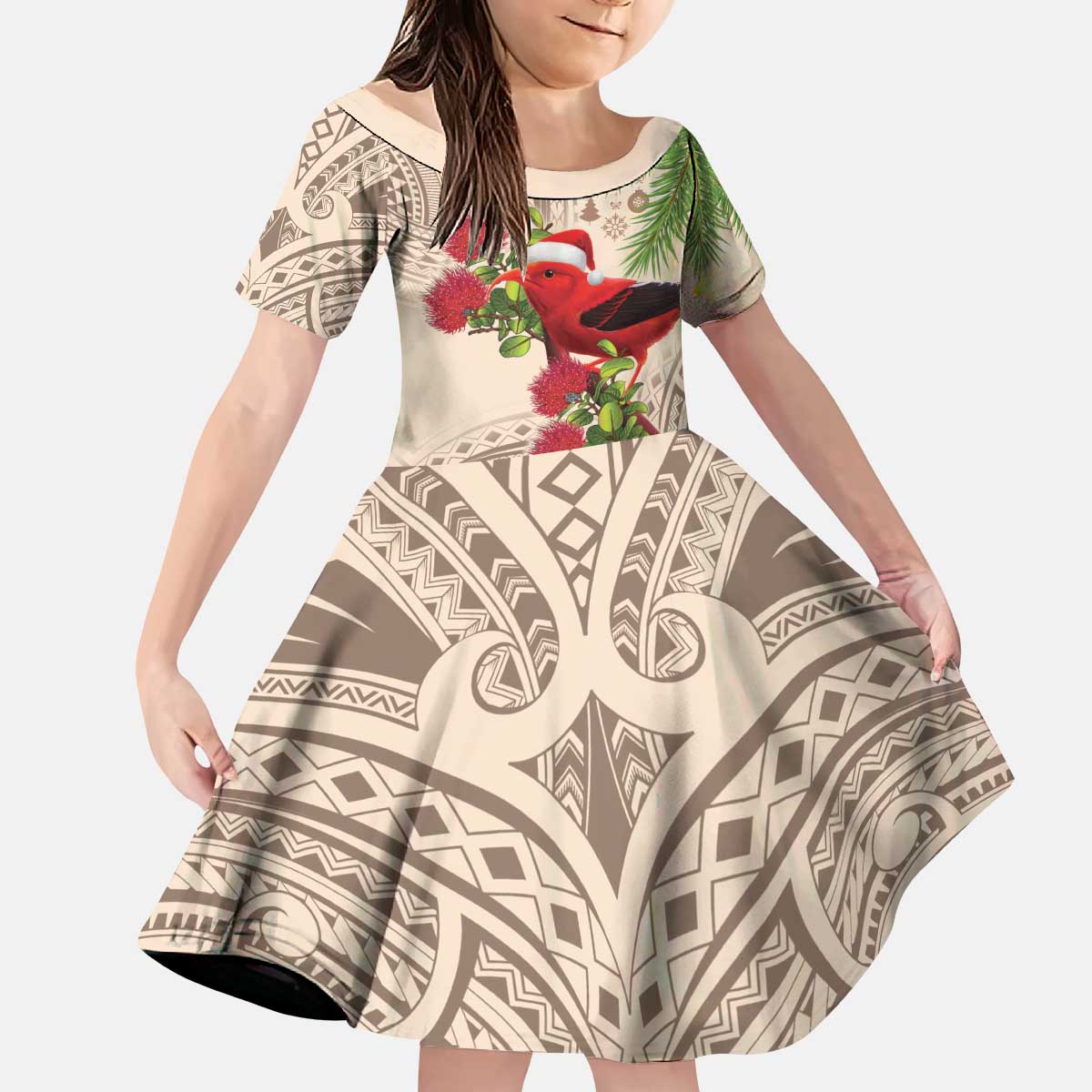 Christmas Hawaii with I'iwi Bird Kid Short Sleeve Dress Aloha Mele Kalikimaka - Beige Art LT9 KID Beige - Polynesian Pride
