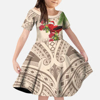 Christmas Hawaii with I'iwi Bird Kid Short Sleeve Dress Aloha Mele Kalikimaka - Beige Art LT9 KID Beige - Polynesian Pride