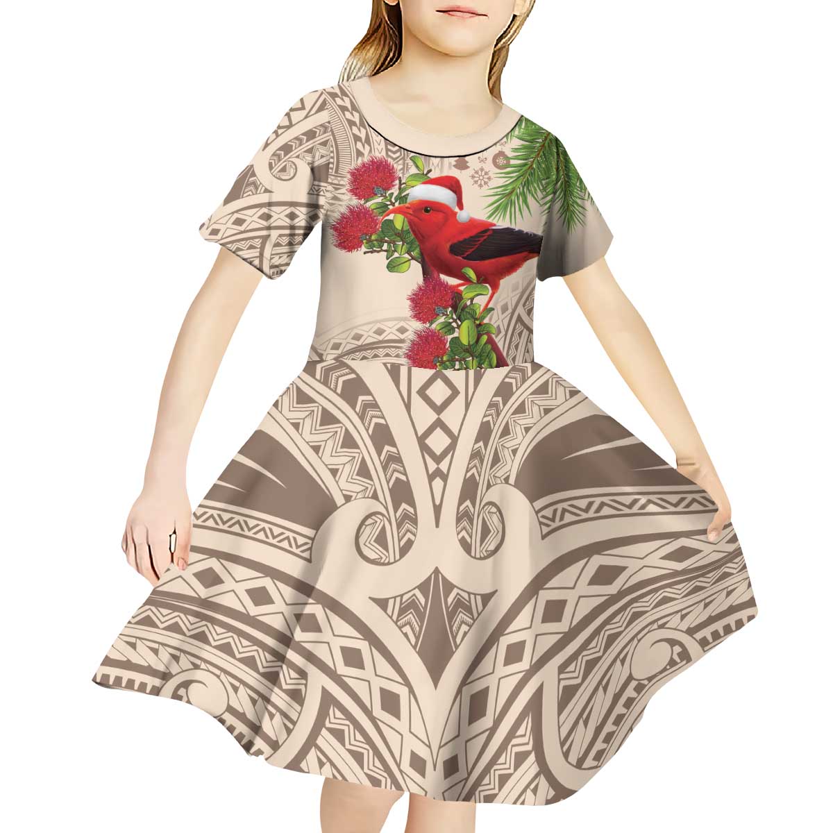 Christmas Hawaii with I'iwi Bird Kid Short Sleeve Dress Aloha Mele Kalikimaka - Beige Art LT9 - Polynesian Pride