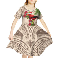 Christmas Hawaii with I'iwi Bird Kid Short Sleeve Dress Aloha Mele Kalikimaka - Beige Art LT9 - Polynesian Pride