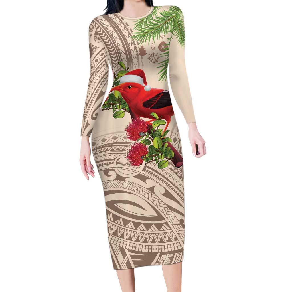 Christmas Hawaii with I'iwi Bird Long Sleeve Bodycon Dress Aloha Mele Kalikimaka - Beige Art LT9 Long Dress Beige - Polynesian Pride
