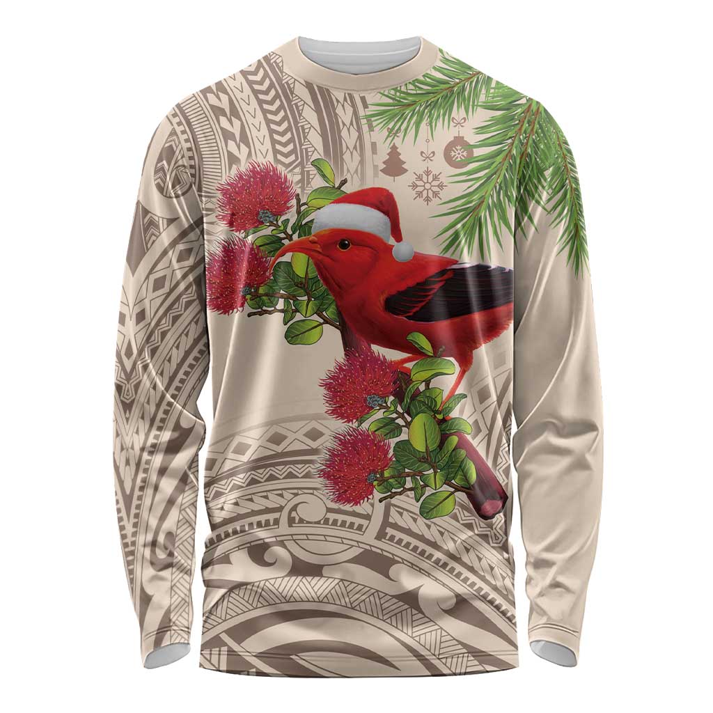 Christmas Hawaii with I'iwi Bird Long Sleeve Shirt Aloha Mele Kalikimaka - Beige Art LT9 Unisex Beige - Polynesian Pride