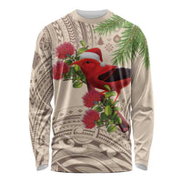 Christmas Hawaii with I'iwi Bird Long Sleeve Shirt Aloha Mele Kalikimaka - Beige Art LT9 Unisex Beige - Polynesian Pride