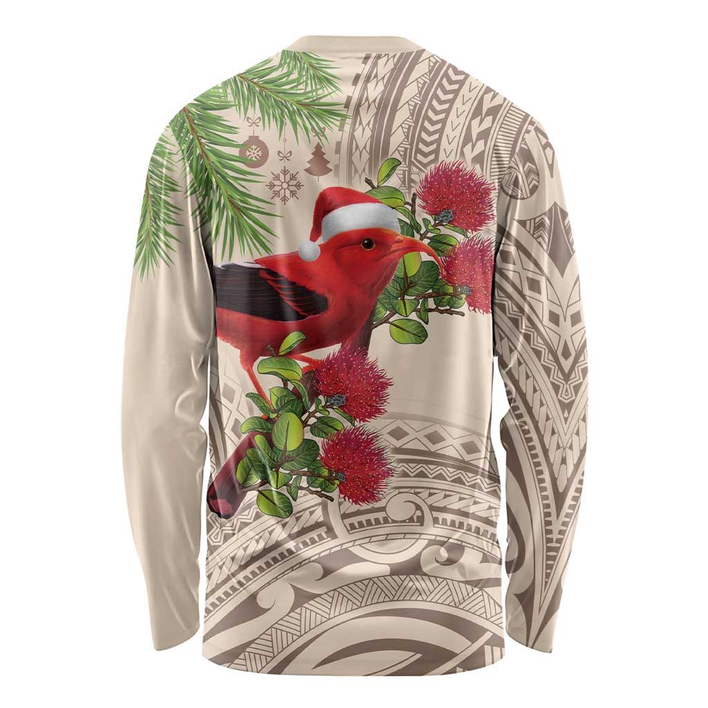Christmas Hawaii with I'iwi Bird Long Sleeve Shirt Aloha Mele Kalikimaka - Beige Art LT9 - Polynesian Pride