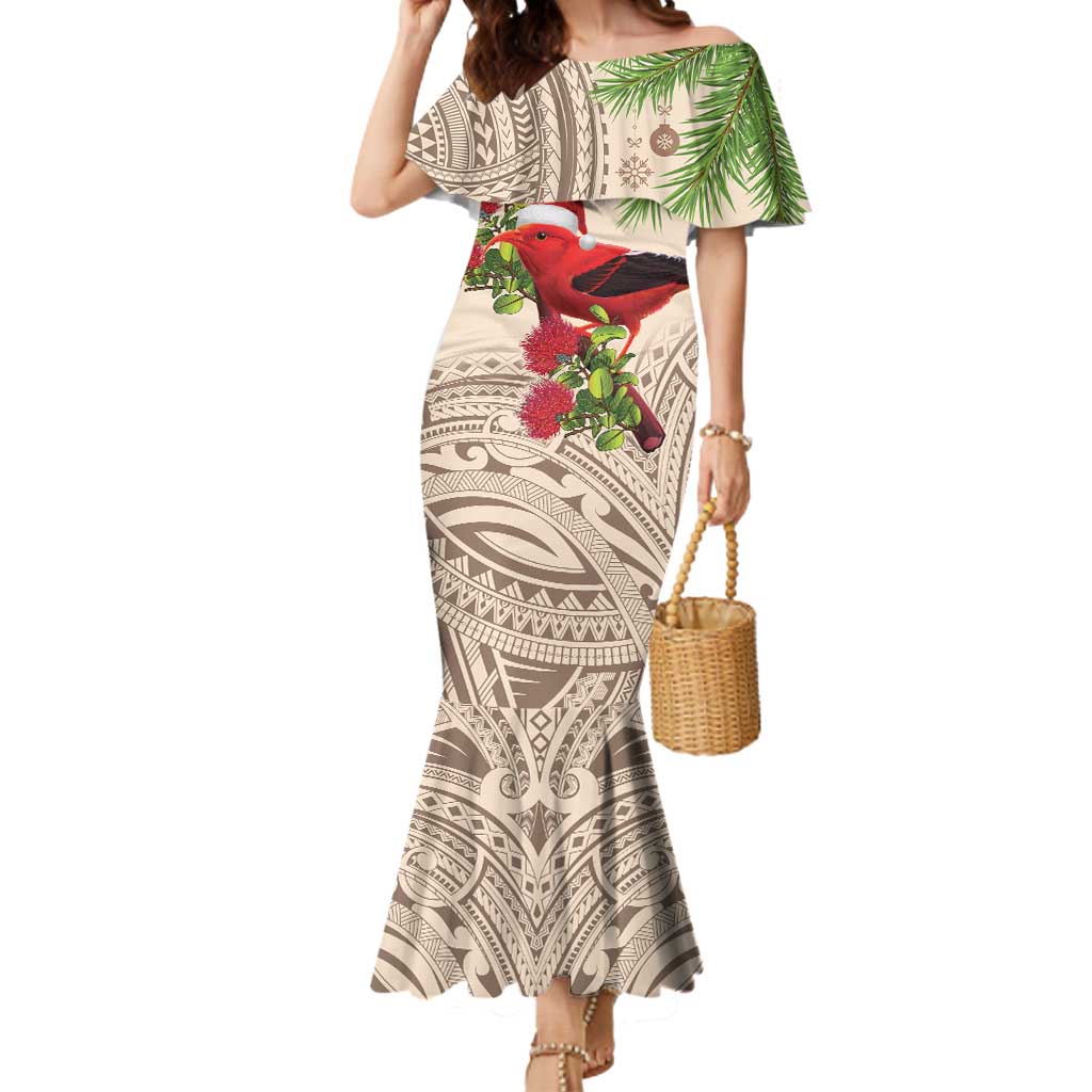 Christmas Hawaii with I'iwi Bird Mermaid Dress Aloha Mele Kalikimaka - Beige Art LT9 Women Beige - Polynesian Pride
