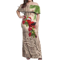Christmas Hawaii with I'iwi Bird Off Shoulder Maxi Dress Aloha Mele Kalikimaka - Beige Art LT9 Women Beige - Polynesian Pride
