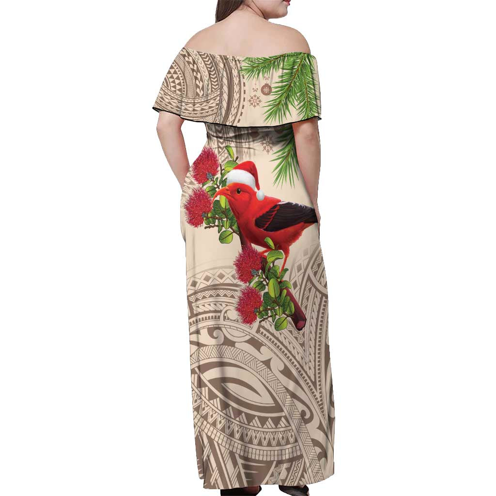 Christmas Hawaii with I'iwi Bird Off Shoulder Maxi Dress Aloha Mele Kalikimaka - Beige Art LT9 - Polynesian Pride