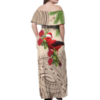 Christmas Hawaii with I'iwi Bird Off Shoulder Maxi Dress Aloha Mele Kalikimaka - Beige Art LT9 - Polynesian Pride