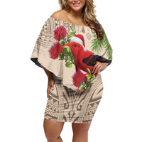 Christmas Hawaii with I'iwi Bird Off Shoulder Short Dress Aloha Mele Kalikimaka - Beige Art LT9 Women Beige - Polynesian Pride