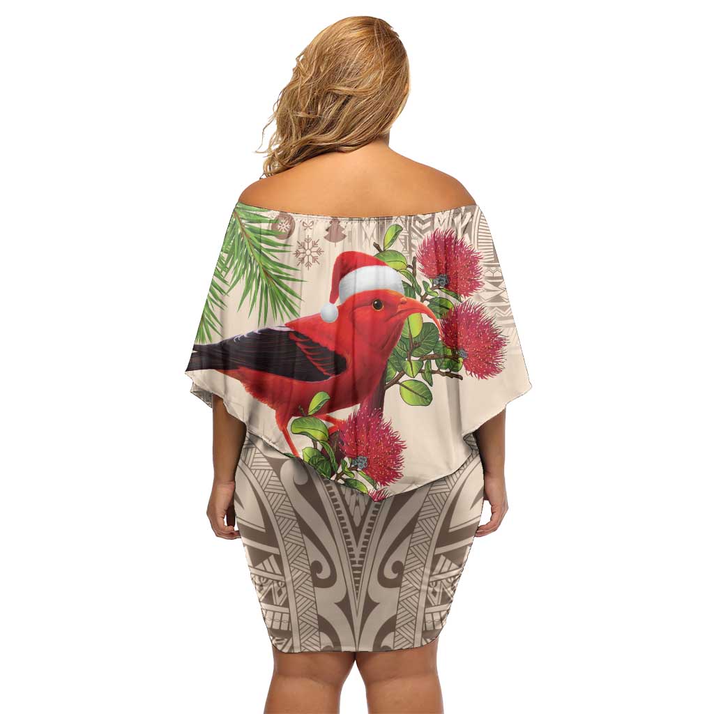 Christmas Hawaii with I'iwi Bird Off Shoulder Short Dress Aloha Mele Kalikimaka - Beige Art LT9 - Polynesian Pride