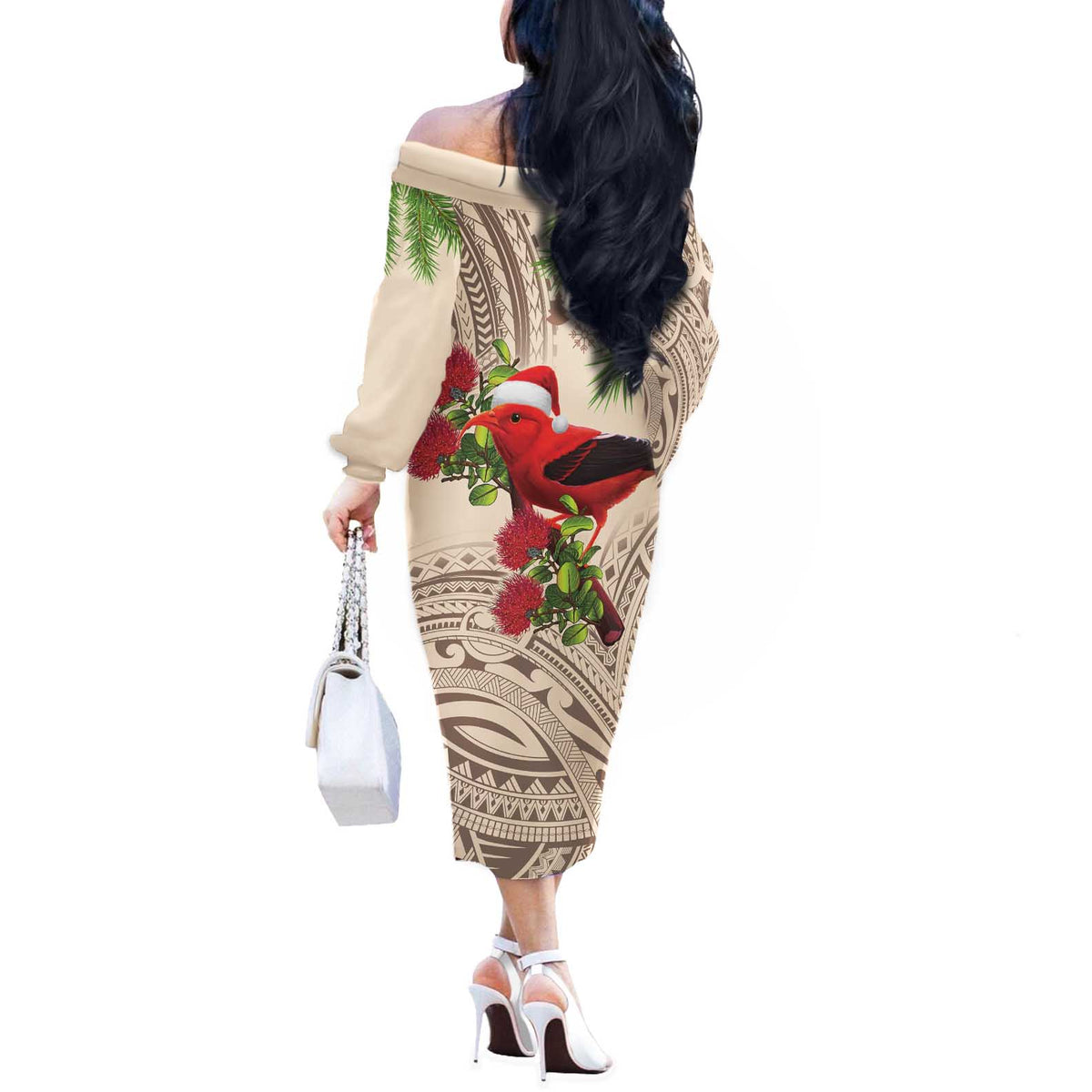 Christmas Hawaii with I'iwi Bird Off The Shoulder Long Sleeve Dress Aloha Mele Kalikimaka - Beige Art LT9 - Polynesian Pride