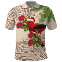 Christmas Hawaii with I'iwi Bird Polo Shirt Aloha Mele Kalikimaka - Beige Art LT9 Beige - Polynesian Pride
