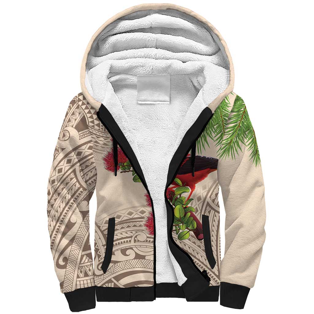 Christmas Hawaii with I'iwi Bird Sherpa Hoodie Aloha Mele Kalikimaka - Beige Art LT9 Unisex Beige - Polynesian Pride