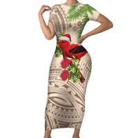 Christmas Hawaii with I'iwi Bird Short Sleeve Bodycon Dress Aloha Mele Kalikimaka - Beige Art LT9 Long Dress Beige - Polynesian Pride