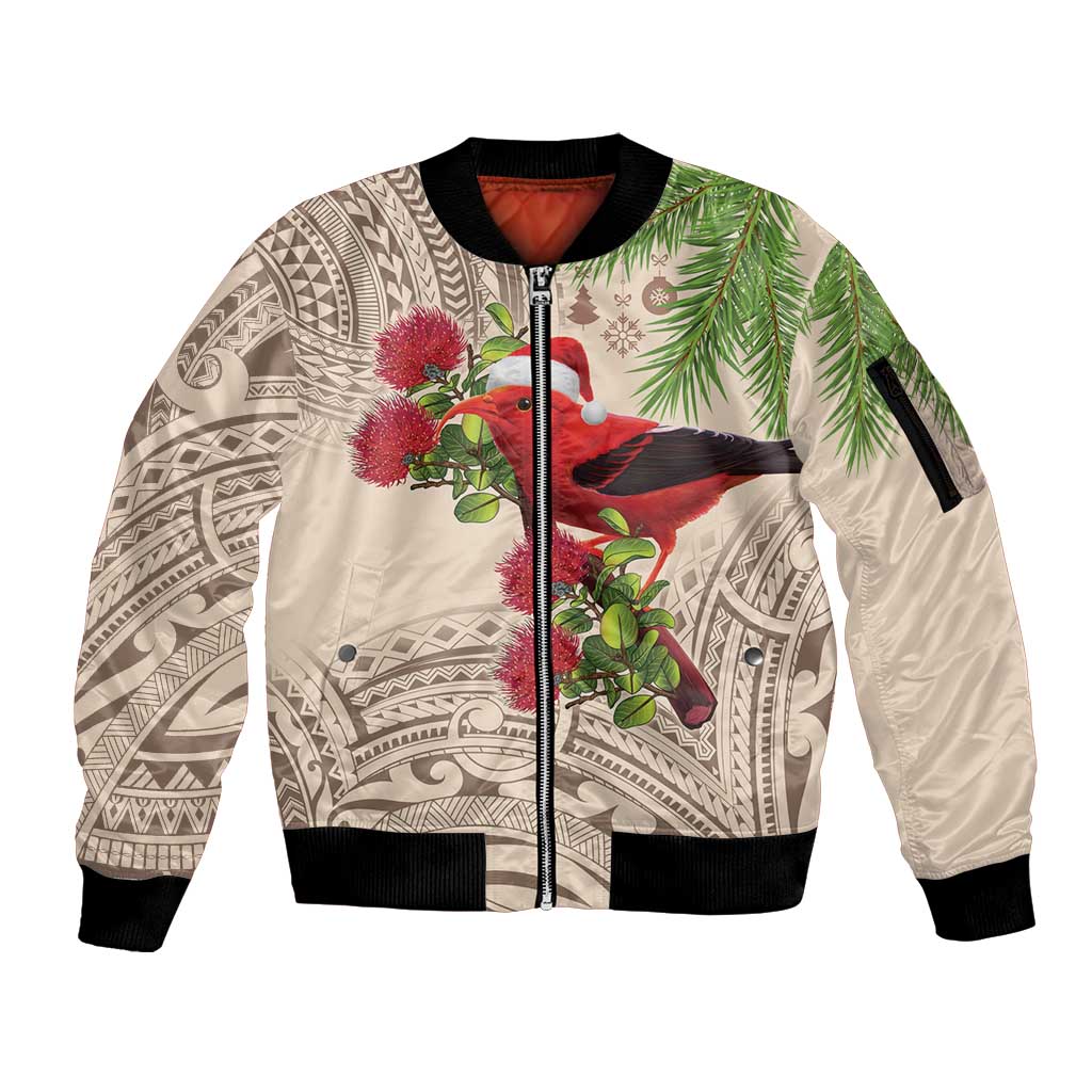 Christmas Hawaii with I'iwi Bird Sleeve Zip Bomber Jacket Aloha Mele Kalikimaka - Beige Art LT9 Unisex Beige - Polynesian Pride