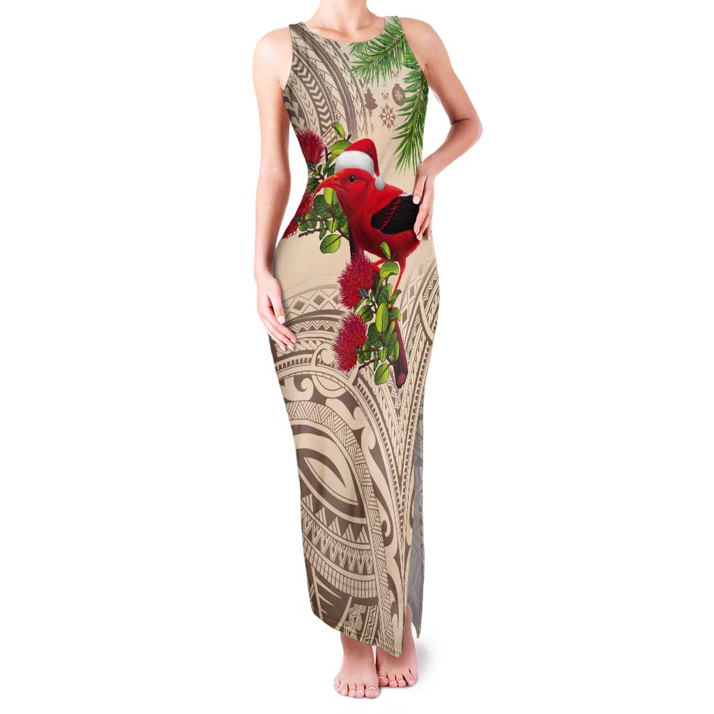 Christmas Hawaii with I'iwi Bird Tank Maxi Dress Aloha Mele Kalikimaka - Beige Art LT9 Women Beige - Polynesian Pride