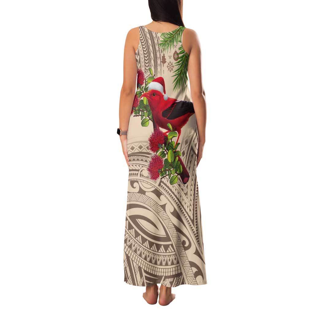Christmas Hawaii with I'iwi Bird Tank Maxi Dress Aloha Mele Kalikimaka - Beige Art LT9 - Polynesian Pride